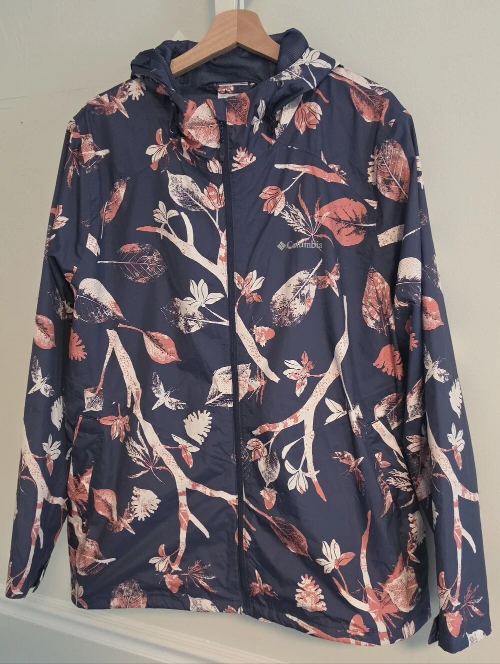 Columbia Inner Limits II Navy Leaf Print Packable Hooded Rain Jacket XXL